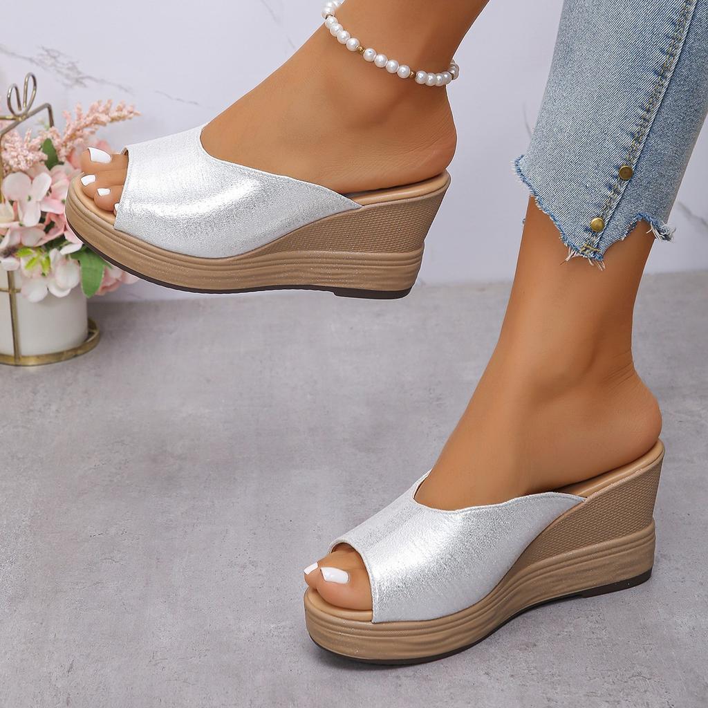 Fashion Shoes Woman 2025 Slippers for Swimming Pool Wedge Peep Toe Round Headed Sequin Design Comfortable Beach Shoes Size 35-43