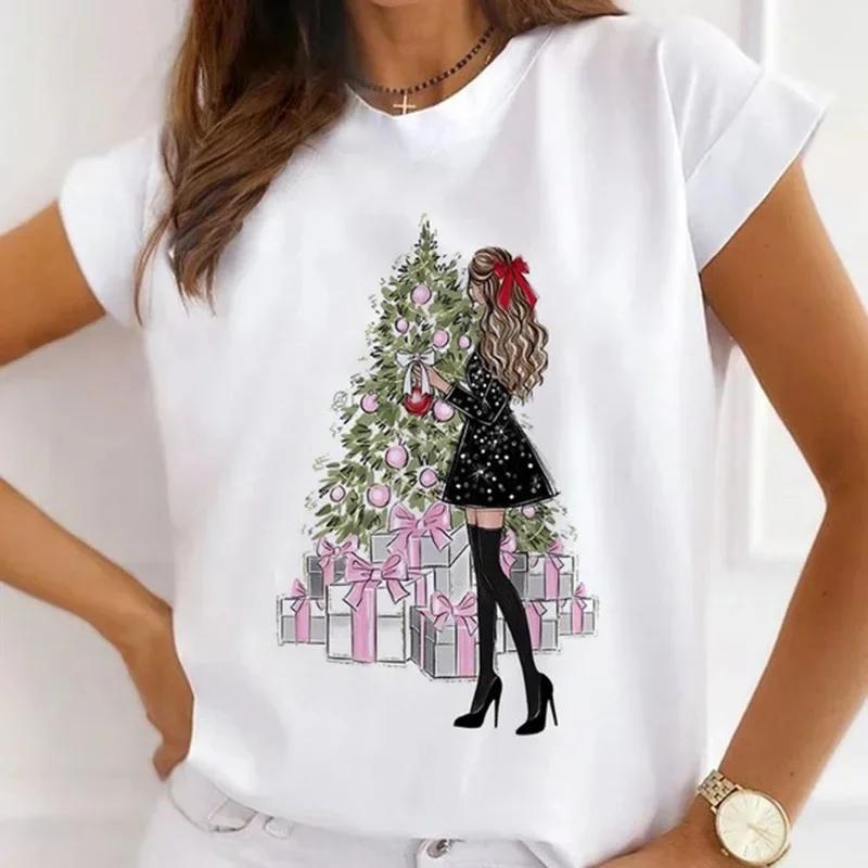 Festival Christmas Printed Short Sleeved Casual Womens Tshirt Crewneck Tops Kawaii Fashion Women TShirt Clothes Harajuku