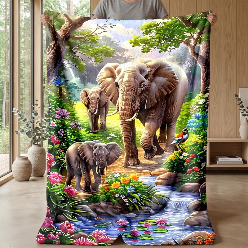 Elephants In Forest Paradise Theme Blanket Lightweight Warm Flannel Blanket Decorative Throw Blanket for Home Decoration