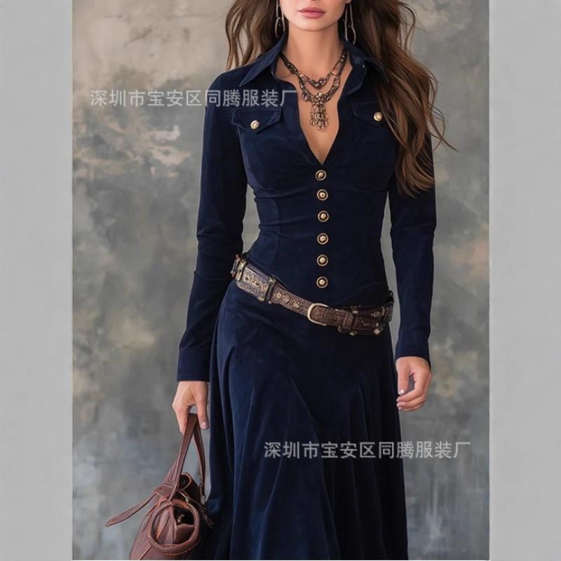 European and American autumn French temperament long-sleeved slim-fitting single-row multi-buckle dress plus belt