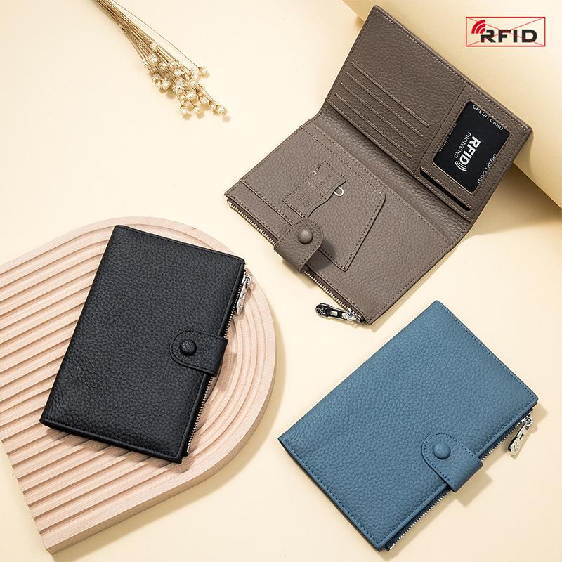 Rfid Multifunctional Travel Passport Wallet Card Holder Women'S Leather Thin Wallet Ticket Cover Holder Zipper Pocket Card Holder