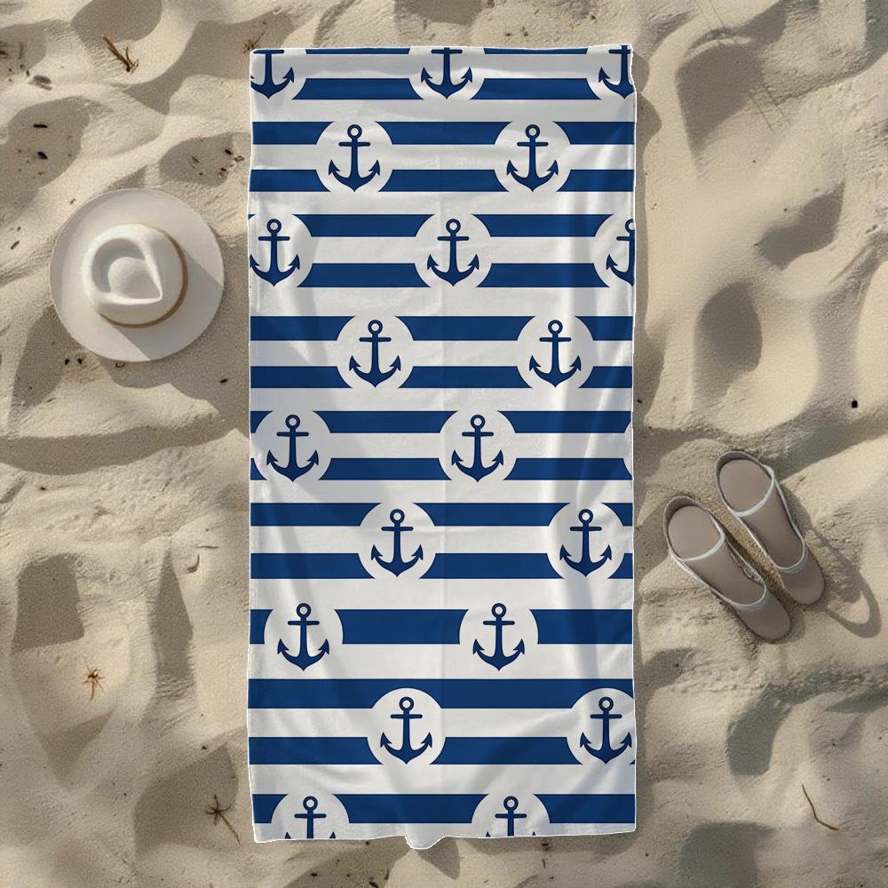 Classic Anchor & Horizontal Stripe Pattern Beach Towel, Soft Durable Quick-Drying, Ideal For Summer Beach, Swimming & Camping