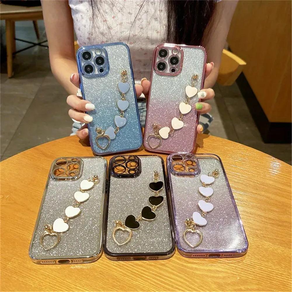 Luxury Glitter Love Heart Bracelet Case For Samsung A52 A50 A32 A22 A12 A31 A70 A51 A30 A11 A71 A72 A21S Shockproof Chain Cover