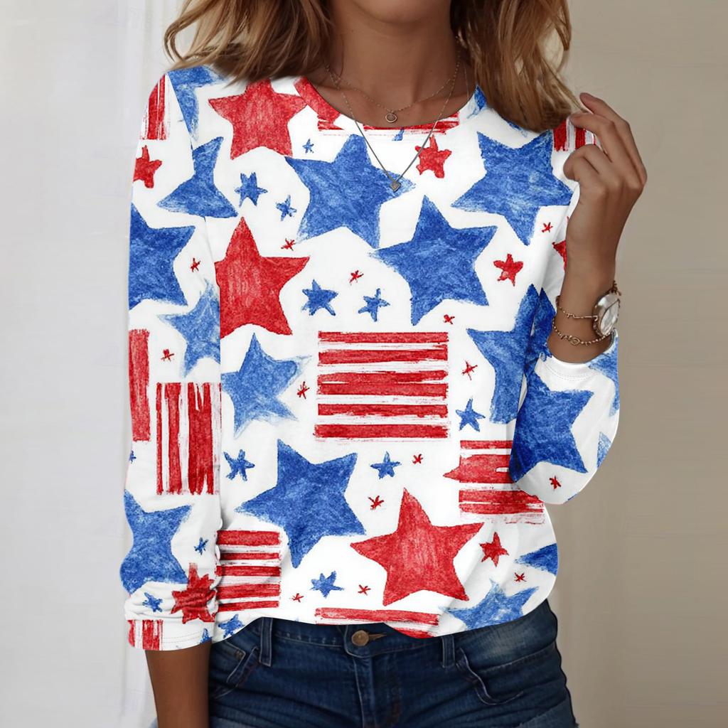 Women's Fashionable Casual Long-Sleeved Independence Day Print Neck Top
