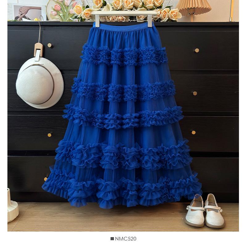 Sweet Style High Waist Ruffled Lace Gauze Maxi Skirt