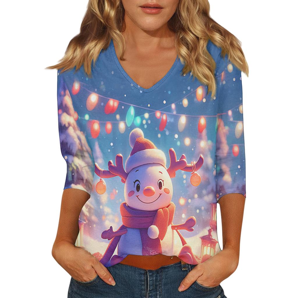 Damen Weihnachts-Print Modisch Lässig Siebenviertelärmel V-Ausschnitt Top