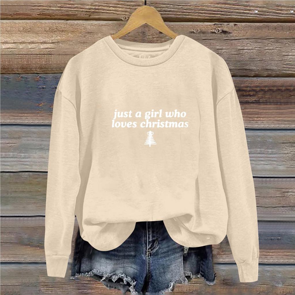 Women's Casual Loose Solid Color Christmas Letter Printed Round Neck Long Sleeved Sweatshirt