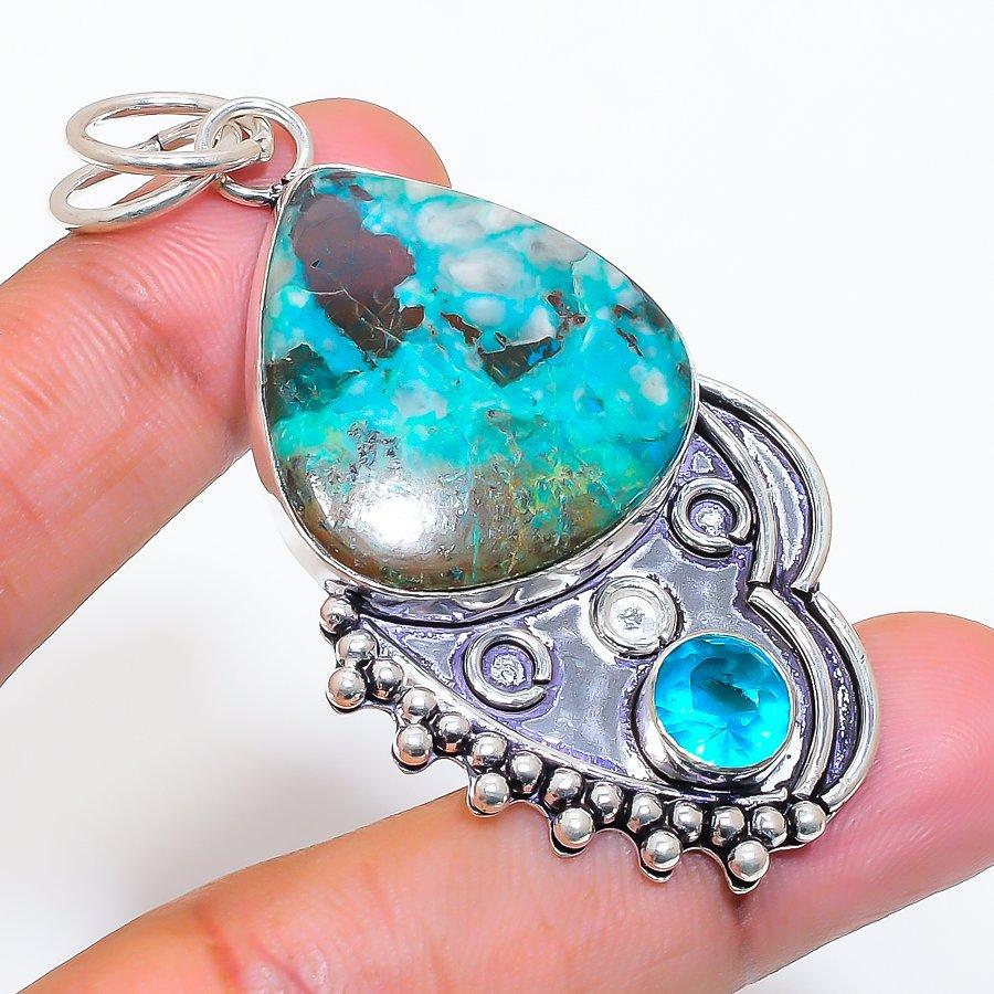 Natural Chrysocolla, Topaz 925 Sterling Silver Jewelry Pendant 2.56" ZS-398