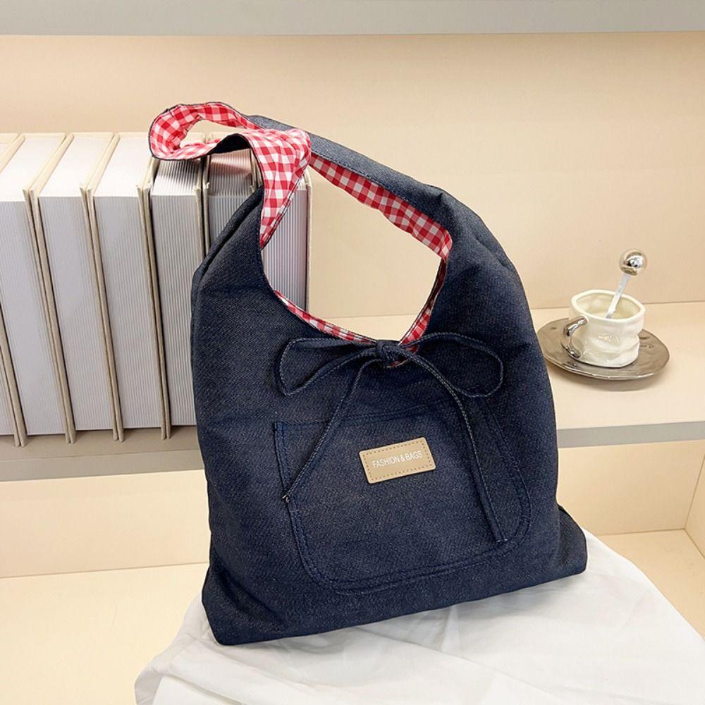Lattice Double Sided Plaid Denim Vest Bag Japanese Style Canvas Tote Bag  Student
