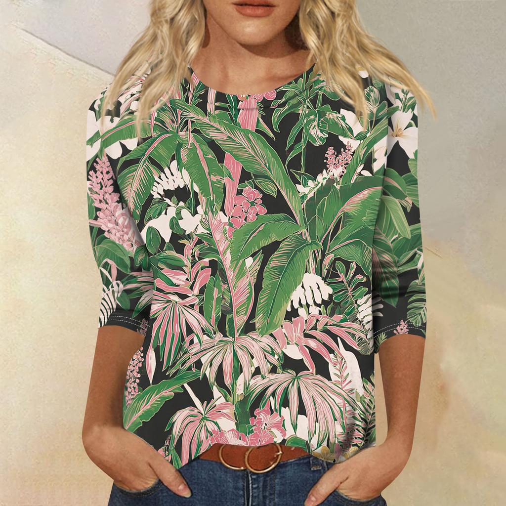 Top T-shirt casual alla moda da donna con scollo rotondo, manica a tre quarti e stampa