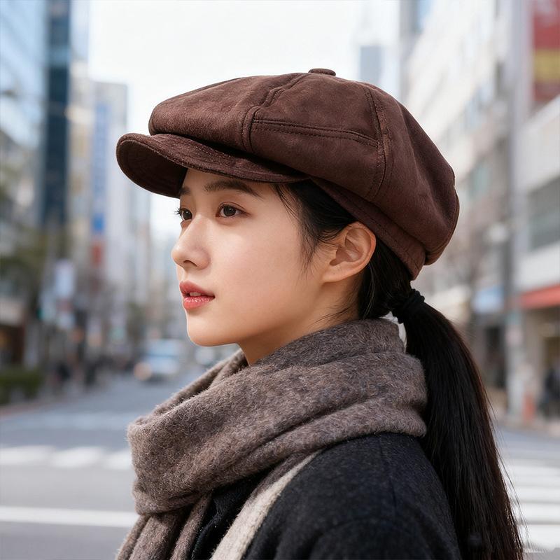 Fashionable Suede Octagonal Hat for Women Autumn and Winter Beret Small Face  Warm  Progressive Hat  Trendy