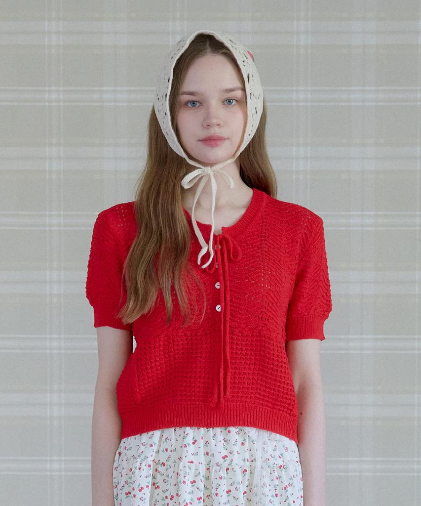 PINK PINEAPPLE Bubble Crochet Ribbon Knit_Red