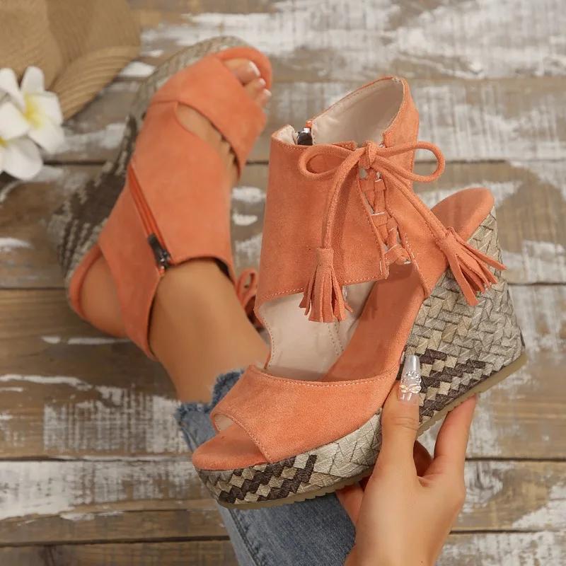 Fashion 2025 Summer Suede Leather Women's Thicken High Heels Hollow Out Sandals Sexy Elegant Platform Wedges Open Toe Ladies Shoes