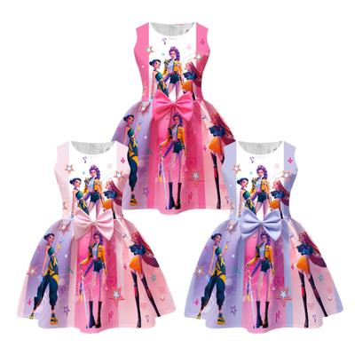 **Robe Imprimée Nœud Papillon – Groupe de Filles Chasseuses de Démons – Tenue Formelle de Chant et Danse pour Enfants**