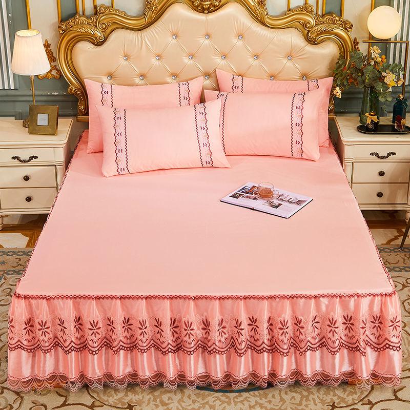 3pcs Set Soft Lace Bed Skirt King Queen Size Bedspread Solid Color Luxury Princess Romantic Bed Spread with Pillowcase
