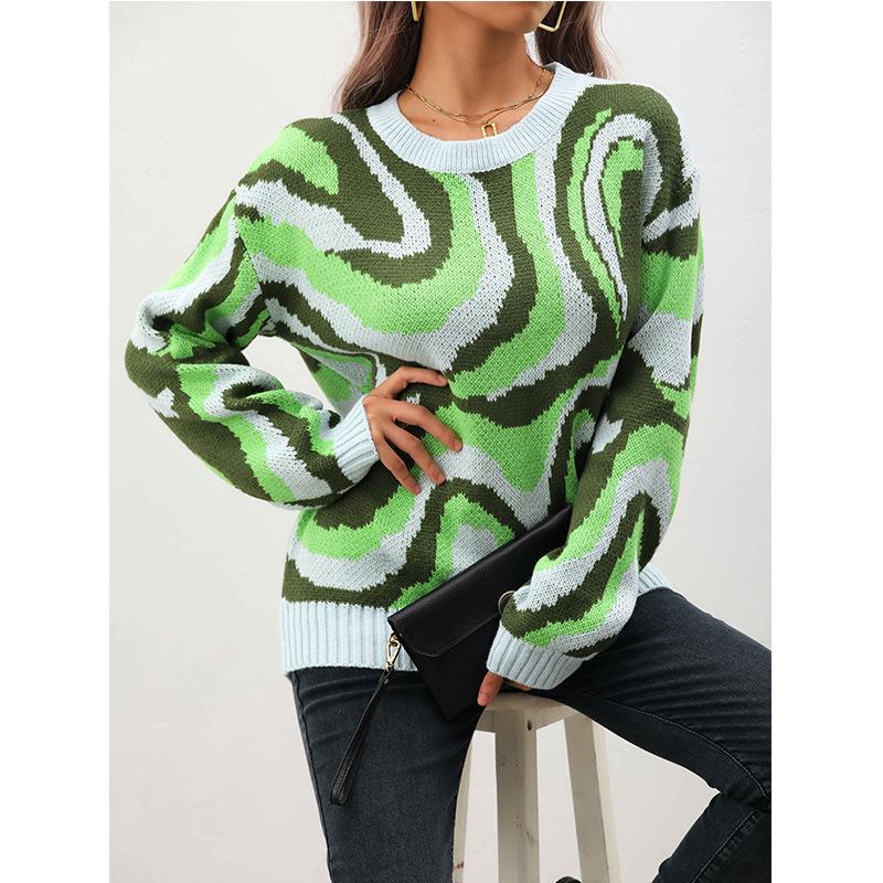 Headless Style Tie-Dye Jacquard Sweater: Loose Color Block Long Sleeve Knitwear for Women