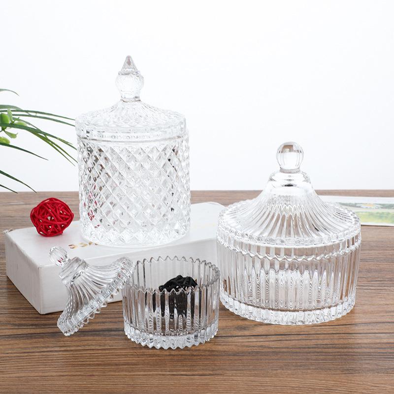 Clear Crystal Embossed Glass Yurt Candle Holder & Candy Jar with Lid