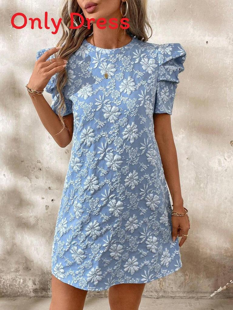 Abito Tubino Vintage a Maniche Corte a Palloncino con Stampa Floreale per Donna in Tessuto di Poliestere
