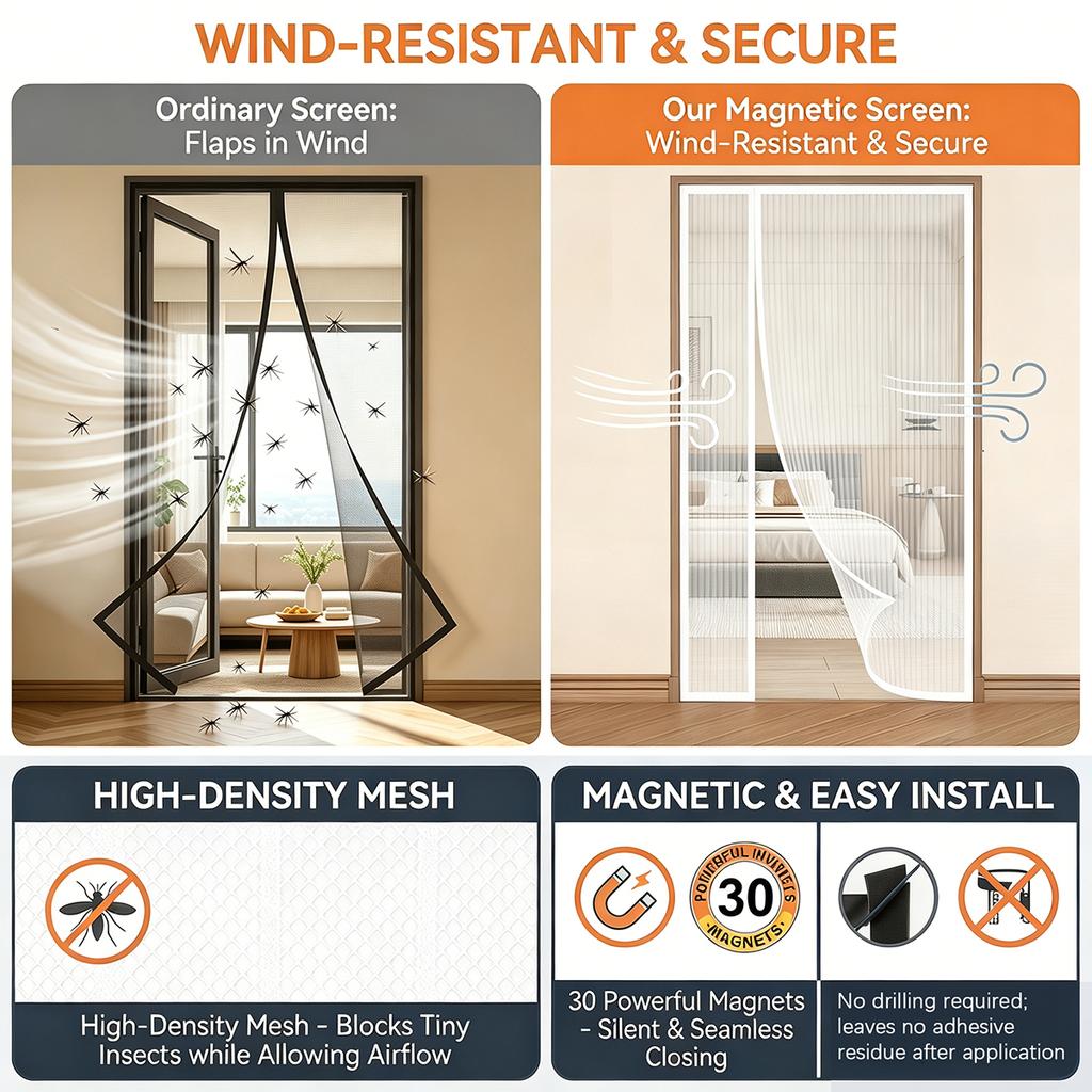 Magnetic Screen Door, Side-Opening Double-Sided Magnetic Screen Door, Insect Screen, Polyester Mesh, High-Density Breathable Screen—White