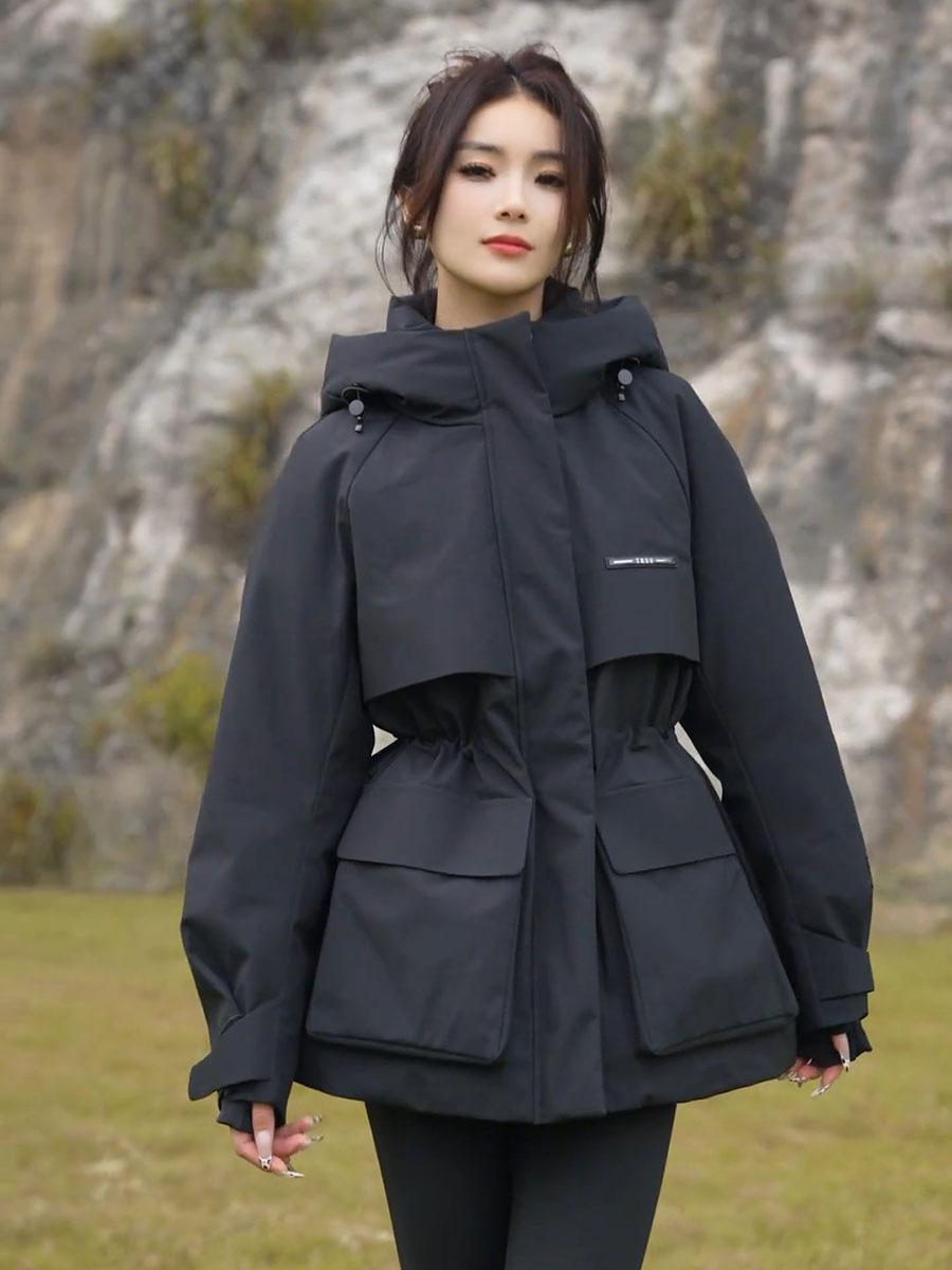 

Премиальная хлопковая одежда с капюшоном на талии женская 2025 зима новая кофейного цвета тонкая утепленная средней длины куртка прилив M чёрный