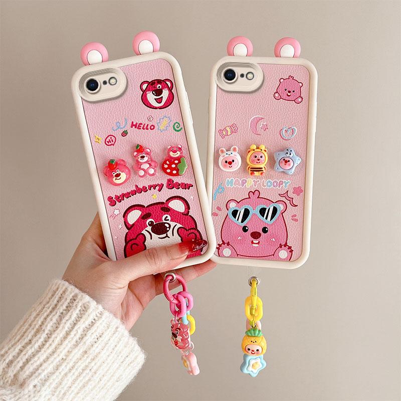KEYSION Cute Ear 3D Cartoon Case for iPhone SE 2020 2022 with Bracelet Silicone Shockproof Phone Cover for iPhone 8 7 6s Plus
