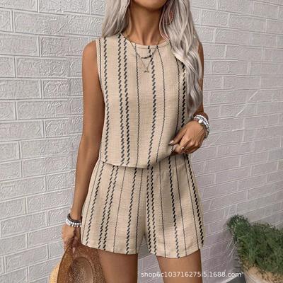 Women's Sleeveless Striped Tank Top and Shorts Set In Beige with Black Stripes | Casual Summer Two Piece Outfit