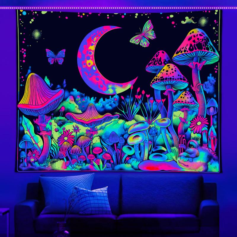 1pc UV reactive mushroom tapestry, plant flower starry sky tapestry, moon phase butterfly neon light effect tapestry