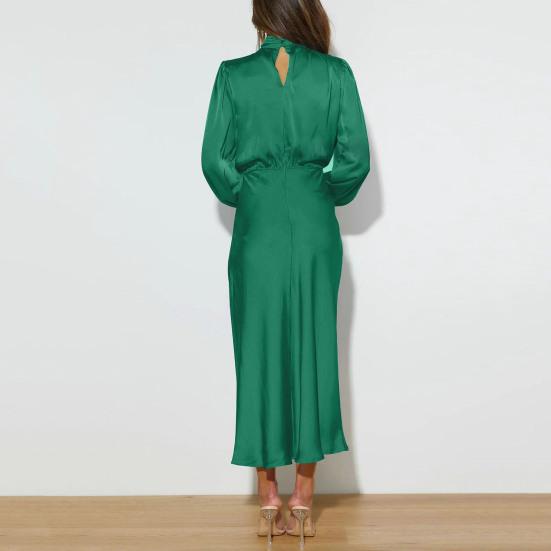 Women Dress Half-high Collar Satin Long Sleeve Solid Color Hollow Out Lantern Sleeve