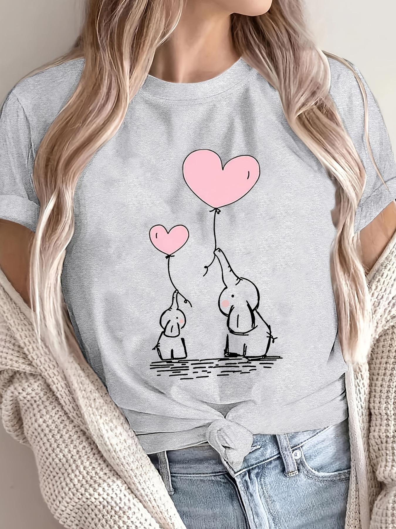 

Cute Cartoon Elephant & Heart Balloons Graphic Print T Shirts Women Top Tees Beach Y2K Funny Short Sleeve T Shirt 4XL