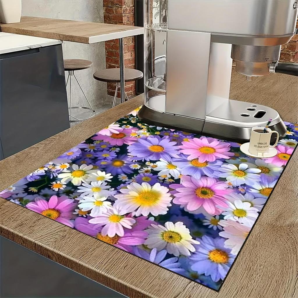 1Pcs Rubber Drying Mat With Colorful Daisy For Coffee Shop Restaurant Kitchen Carpet Tableware Durable Diatom Mud Table Mat Pet Mat Coffeeware