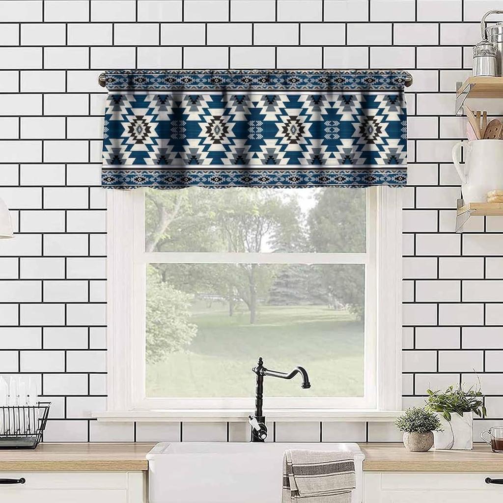 Blue Tribal Valance, Navajo Native American Navy Blue White Aztec Ethnic Geometric Print Blackout Short Window Curtain Drape for Kitchen Bedroom Cafe