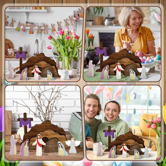 9Pcs/Set Empty Tomb Jesus Decoration Easter He Is Risen Wooden Table Sign Home Office Tabletop Resurrection Scene Christian Religious Ornament