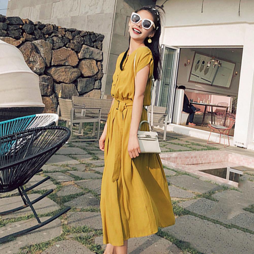 Women Solid Color Long Dress Elegant Summer Midi Dress with Belted Slim Waist A-line Silhouette Pleated Details for Women Round