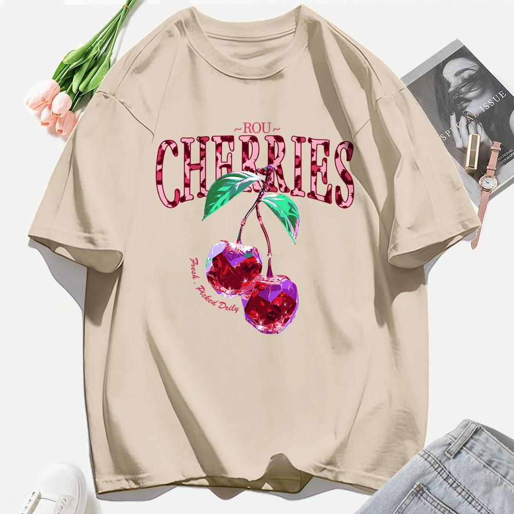 Crystal Cherries Printing Tee Shirt Woman Summer Cotton Tee Tops O-Neck Casual T Shirts Oversized All-Match Short Sleeve