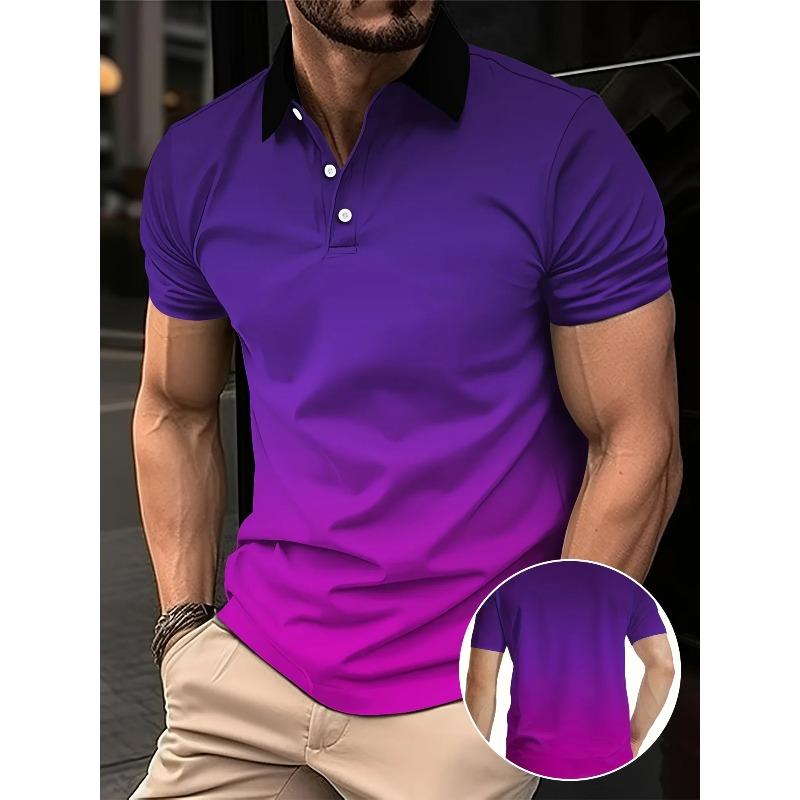 Men s fashion gradient color shirt polo lapel golf shirt short-sleeved printed button clothing, fashionable design, casual and b S