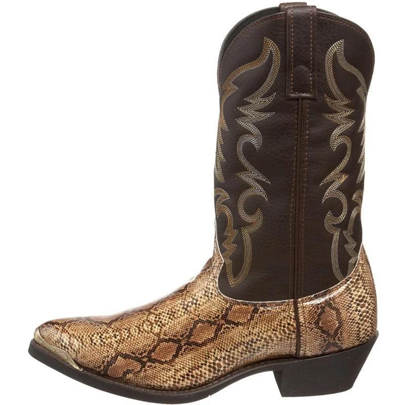 Plus Size 38-48 Unisex Shoes Snake Pattern Cowboy Boots Men Handmade Mid-calf Men Platform Boots Retro Pointed-top Western Boots