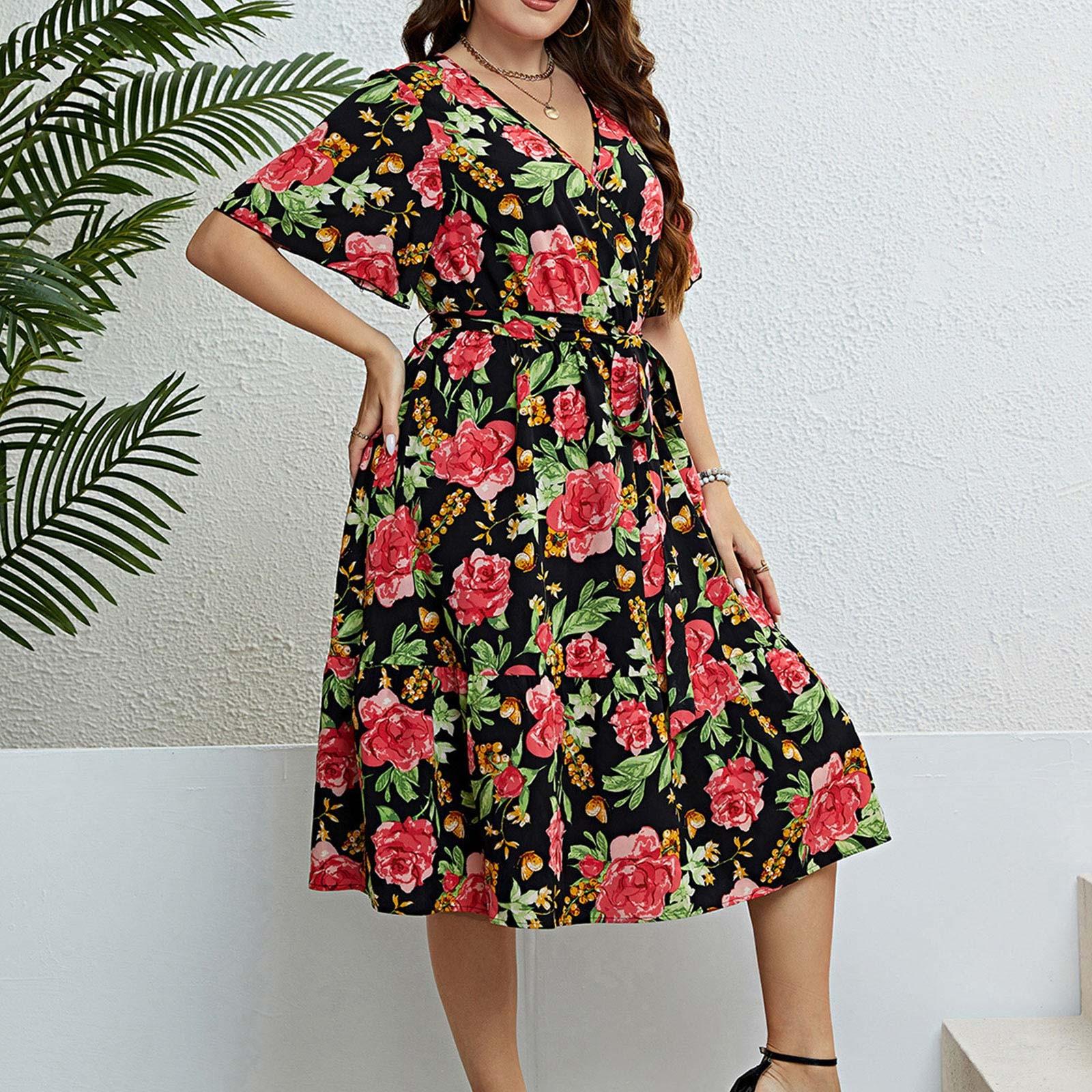 

Fashion Plus Size Women s Summer Rose V-Neck Waist Gathering Dress