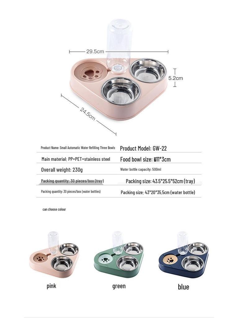 Cute Triangle Pet Bowl Set: 3 Plastic Bowls with Automatic Water Dispenser and Splash-Proof Design