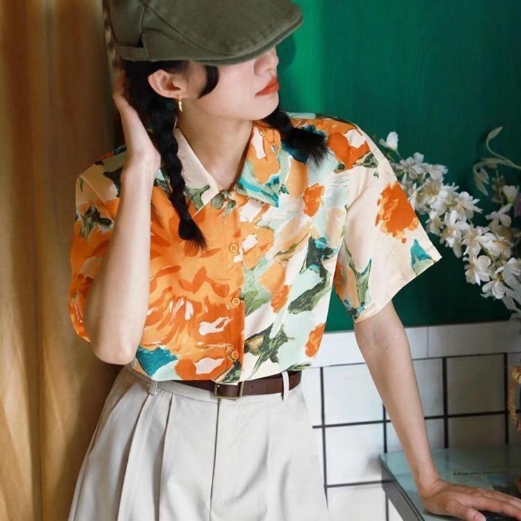 Women Short Sleeve Shirt Floral Print M