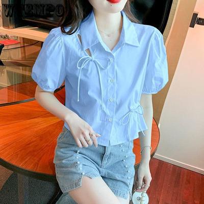 Summer Women's Solid Colour Bubble Sleeve Bow Tie Short-sleeved Shirt with Design Niche Drawstring Short Peplum Tops