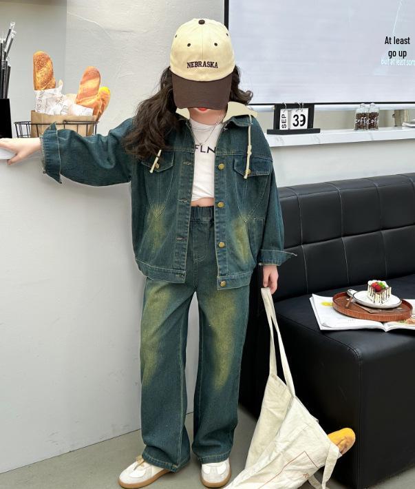 2025 Girls' Fleece-Lined Denim Two-Piece Set - Trendy Autumn/Winter Fashion for Middle and Big Kids