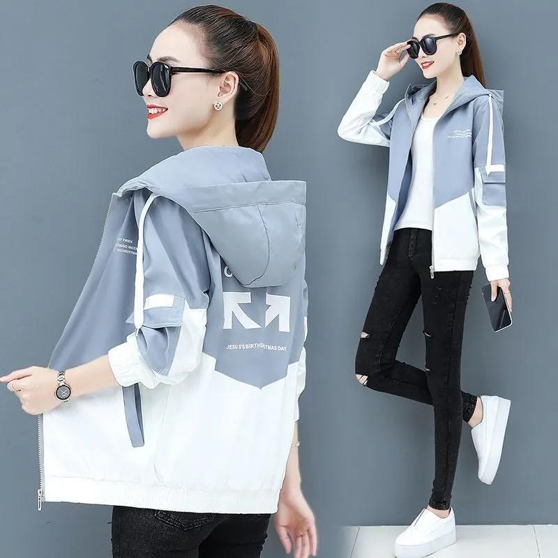 Women's Spring and Autumn Loose Hooded Trench Coat Printed Design Color Clash Jacket