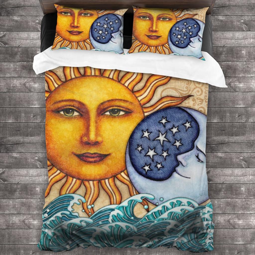 Retro Sun and Moon Duvet Cover Set with 2 Pillowcase Quilt Cover King Queen Size Polyester Comforter Cover for Kids Teens Boys