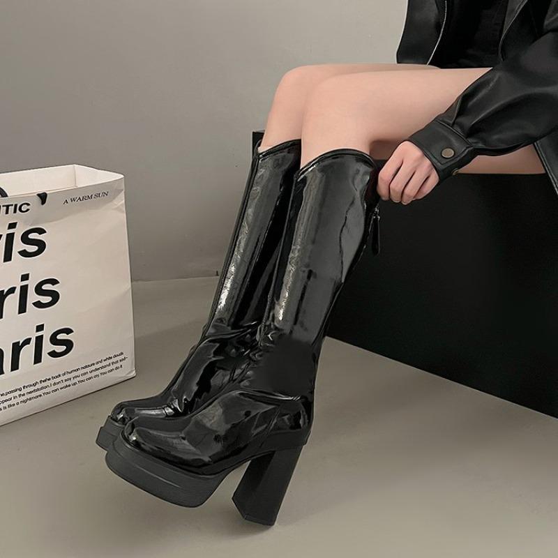 Modische Klobige Hohe Absätze Einfarbig Kniehohe Stiefel für Damen Plateau Beige Schwarz V-Ausschnitt Gothic Herbst Lange Stiefel Party Kleidschuhe