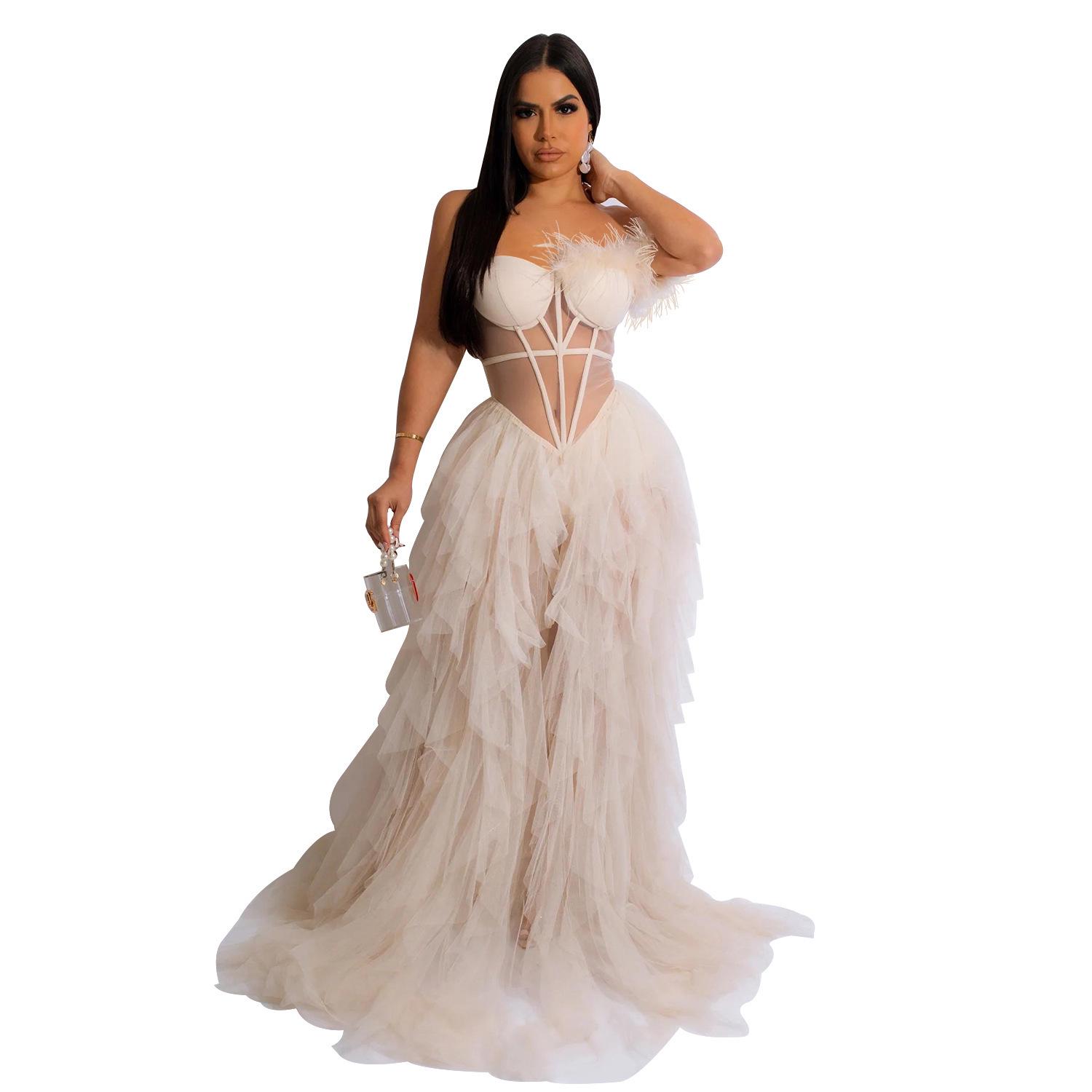 European & American Fashion Women s Solid Color Sleeveless Bandeau Mesh Long Dress M светло-розовый