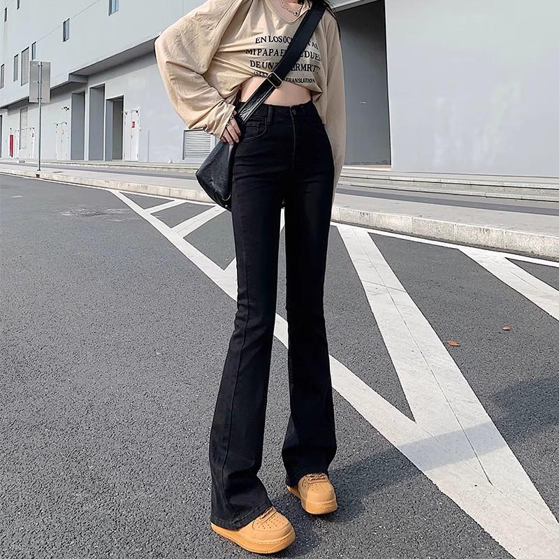 Women's Black High Waist Stretch Flare Jeans: Plus Size, Trendy Spring/Autumn Mop Trousers
