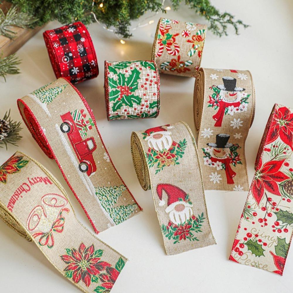 Xmas Linen Christmas Ribbon Tree Printed Bouquet Ribbon Gift Box Packing Strap  Christmas Decor