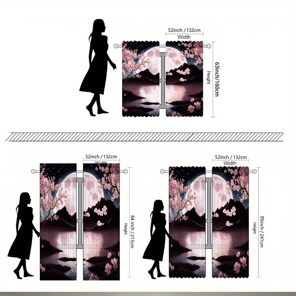 Light Filtering Black Pink Sakura Full Moon Curtains Hd Print Carnival Theme Living Room Bedroom Study Round Pocket Top Curtain Polyester Washable