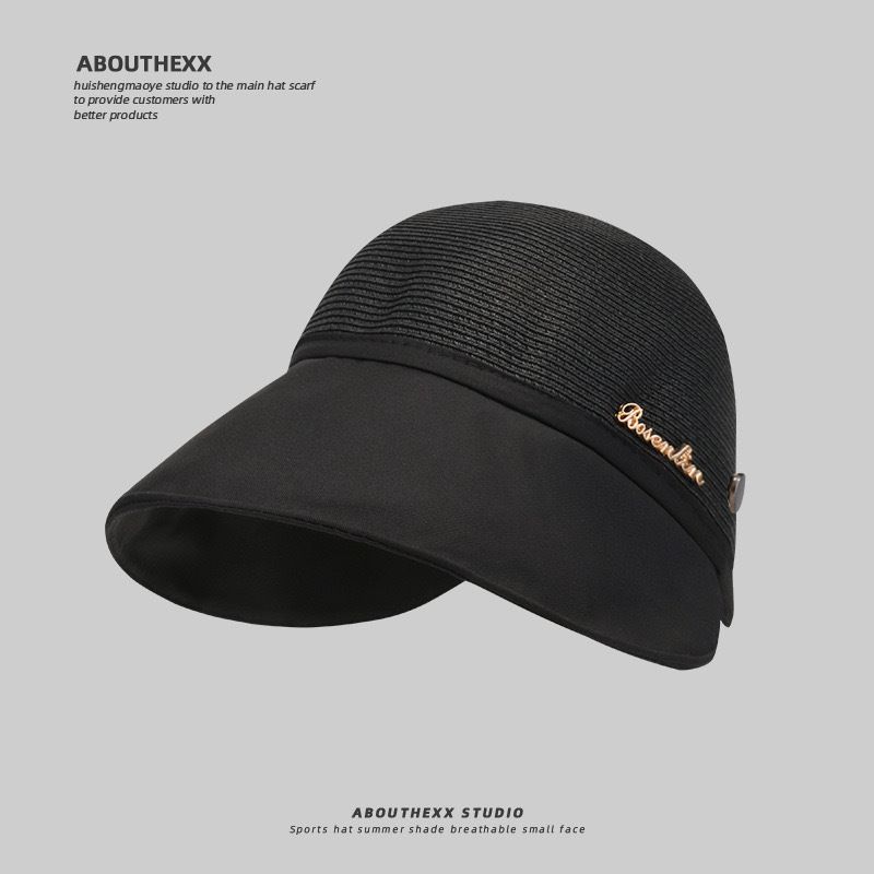 

2025 New Arrival Women s K-style Widened Sun-Proof Peaked Cap Casual Face-Looking Small Sun-Covering Bucket Hat Breathable Straw Hat Full top straw metal logo [black] can be hung mask