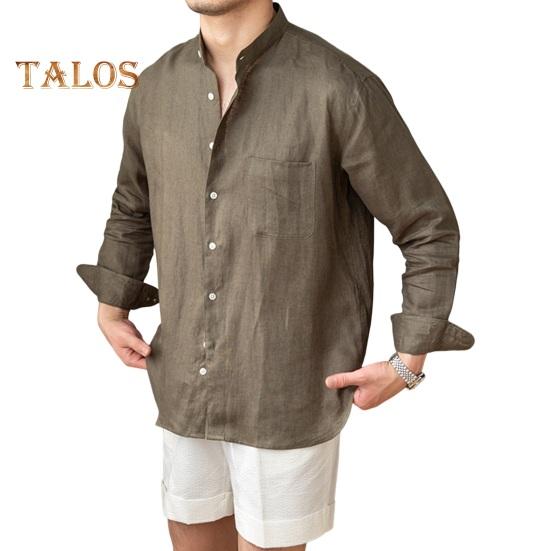 Spring Fall Men Shirt Stand Collar Single-breasted Long Sleeves Buttons Solid Color Cardigan Formal Business Style Office Top